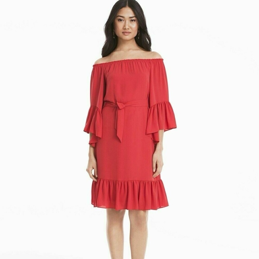 NWT White House Black Market Red Coral Soft Flounce Dress